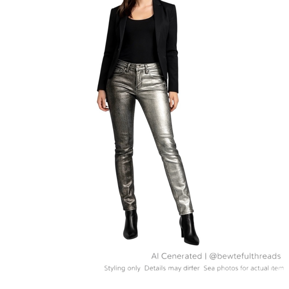 Rare Y2K Two-Tone Metallic Silver Low Rise Skinny Jeans Coated Denim S
